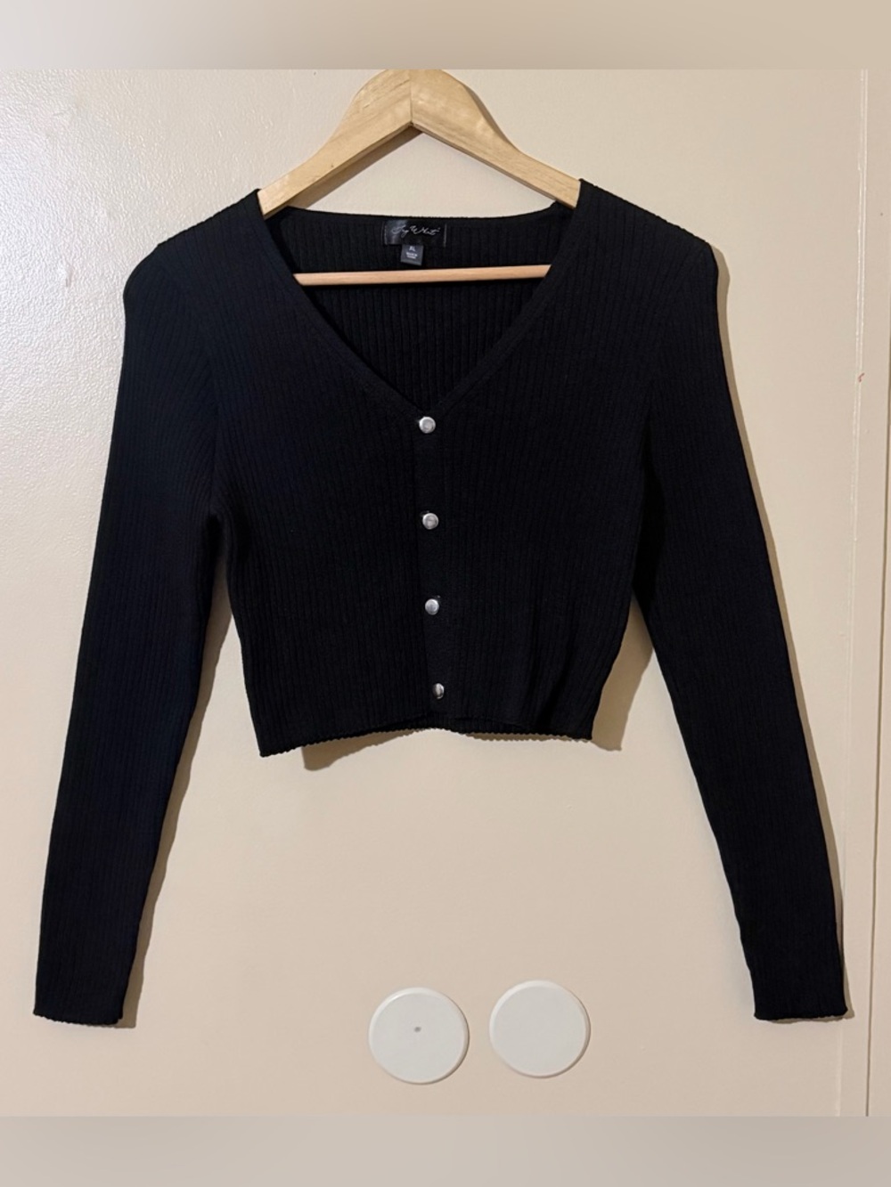 Say What? Black Ribbed V-Neck Button-Front Long Sleeve Crop Top